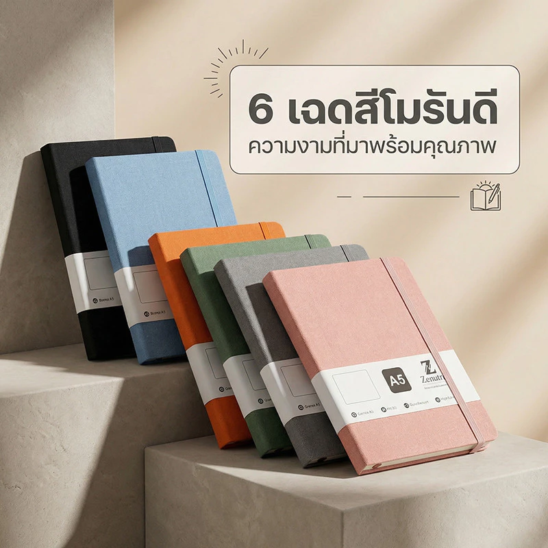 สมุดโน้ตปกผ้า A5 A6 สไตล์มินิมอล 200 หน้า กระดาษถนอมสายตา เขียนลื่น ไม่ซึม พร้อมสายรัด