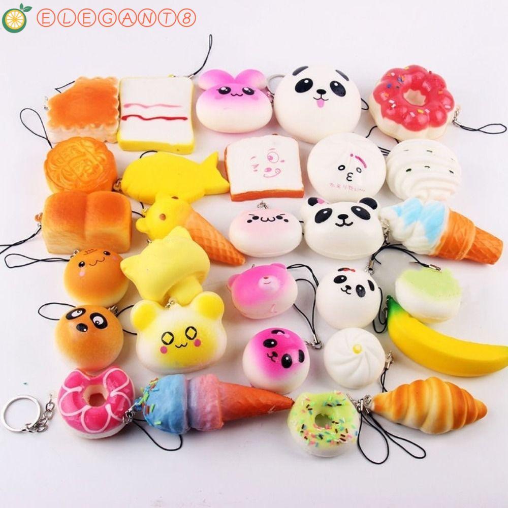 AELEGANT Squishes ของเล่น, Banana Toast แกล้งเล่นอาหารขนมปังนุ่มของเล่น,ของขวัญวันเกิด Kawaii Mini ขนาดพวงกุญแจน่ารักบีบจี้เค้ก