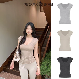 MOSESQUEEN โมเสสควีน เสื้อยืดแขนสั้นคอวีรูปหัวใจสําหรับผู้หญิงในช่วงฤดูร้อนแบบใหม่อเนกประสงค์เข้ารูปใส่แล้วดูผอมแขนสั้น #63740