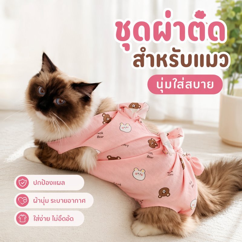 ชุดผ่าตัดแมว เสื้อกันเลียแผล ชุดทำหมันแมว ผ้าคอตตอนนุ่ม ใส่สบาย แมวหลังผ่าตัด ป้องกันแผล