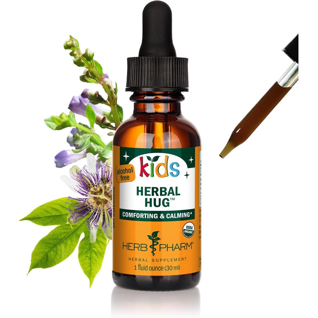 Herb Pharm Organic Kids Herbal Hug: ระบบประสาทรองรับกะโหลก, Passionflower, Mullein & Oat Seed | ดูดซ