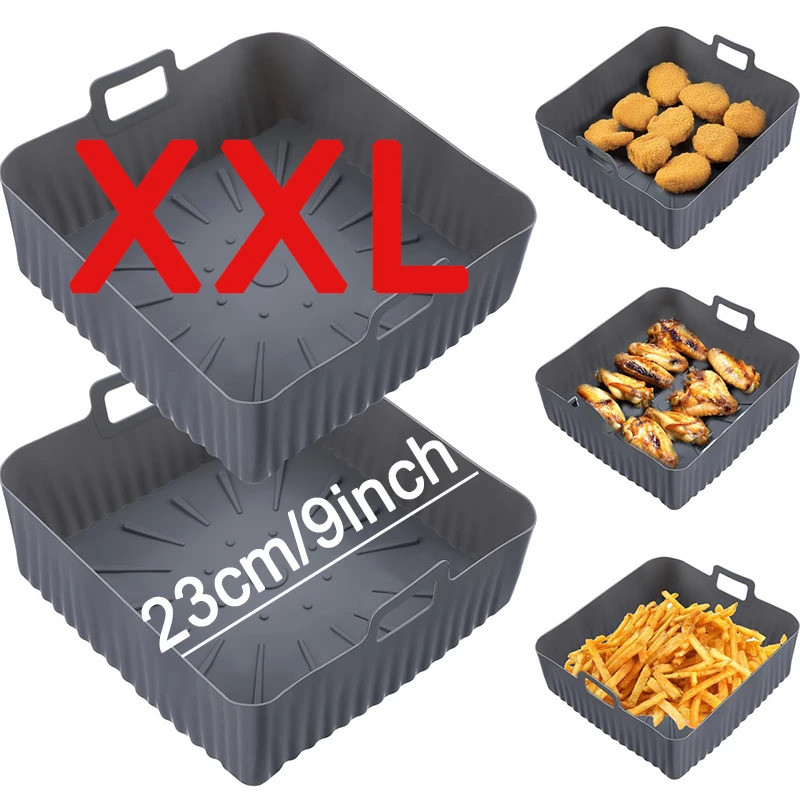 ขนาดใหญ่ 23 ซม.Air Fryer ตะกร้าซิลิโคน 9 นิ้ว XXL Airfryer Liners แม่พิมพ์Reusable Squareเตาอบถาดอบส