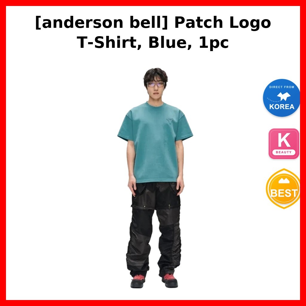 แฟชั่น [anderson bell] เสื้อยืด Patch Logo สีฟ้า 1 ชิ้น / เสื้อยืดเกาหลี / การออกแบบโลโก้แพทช์ / ของ