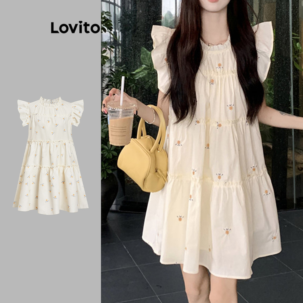 Lovito ชุดเดรส ลายดอกไม้ แต่งระบายเป็นชั้น ดีเทลเดรป สไตล์แคชชวล สำหรับผู้หญิง L177AD880