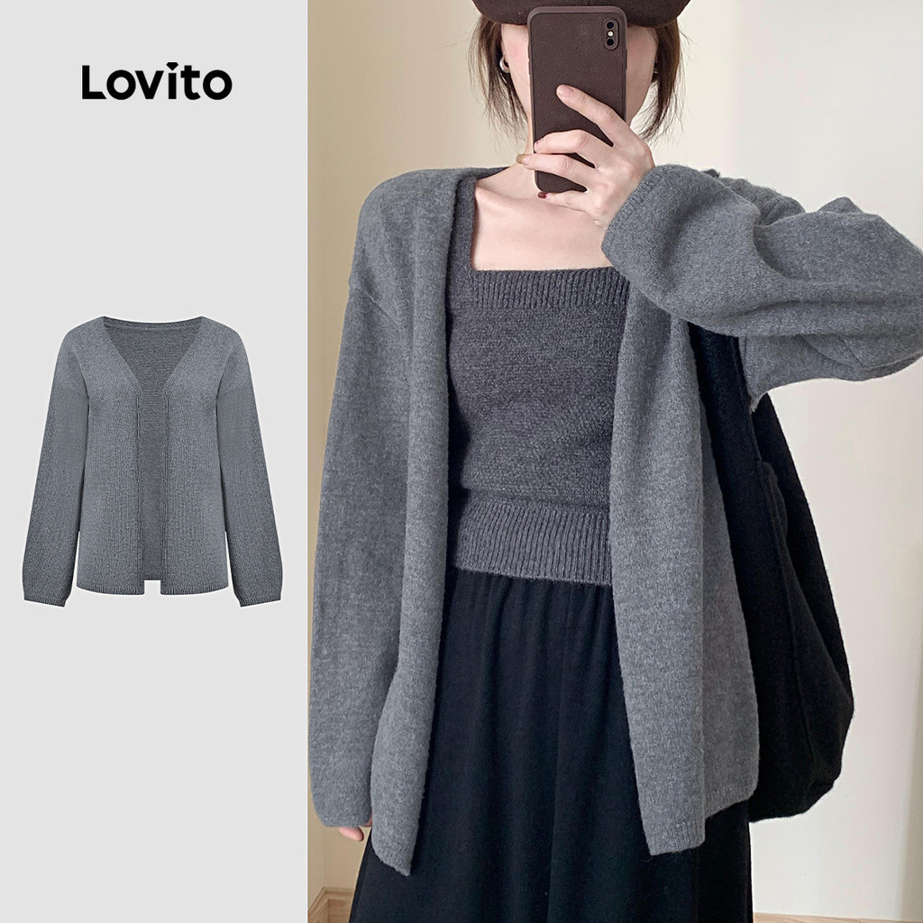 Lovito เสื้อคาร์ดิแกนลำลอง สวมใส่สบายแต่มีสไตล์ เนื้อผ้าคลาสสิกและใช้งานได้หลากหลาย เสื้อคาร์ดิแกนสีเทาสำหรับฤดูใบไม้ร่วง/ฤดูหนาวสำหรับผู้หญิง L159AD263