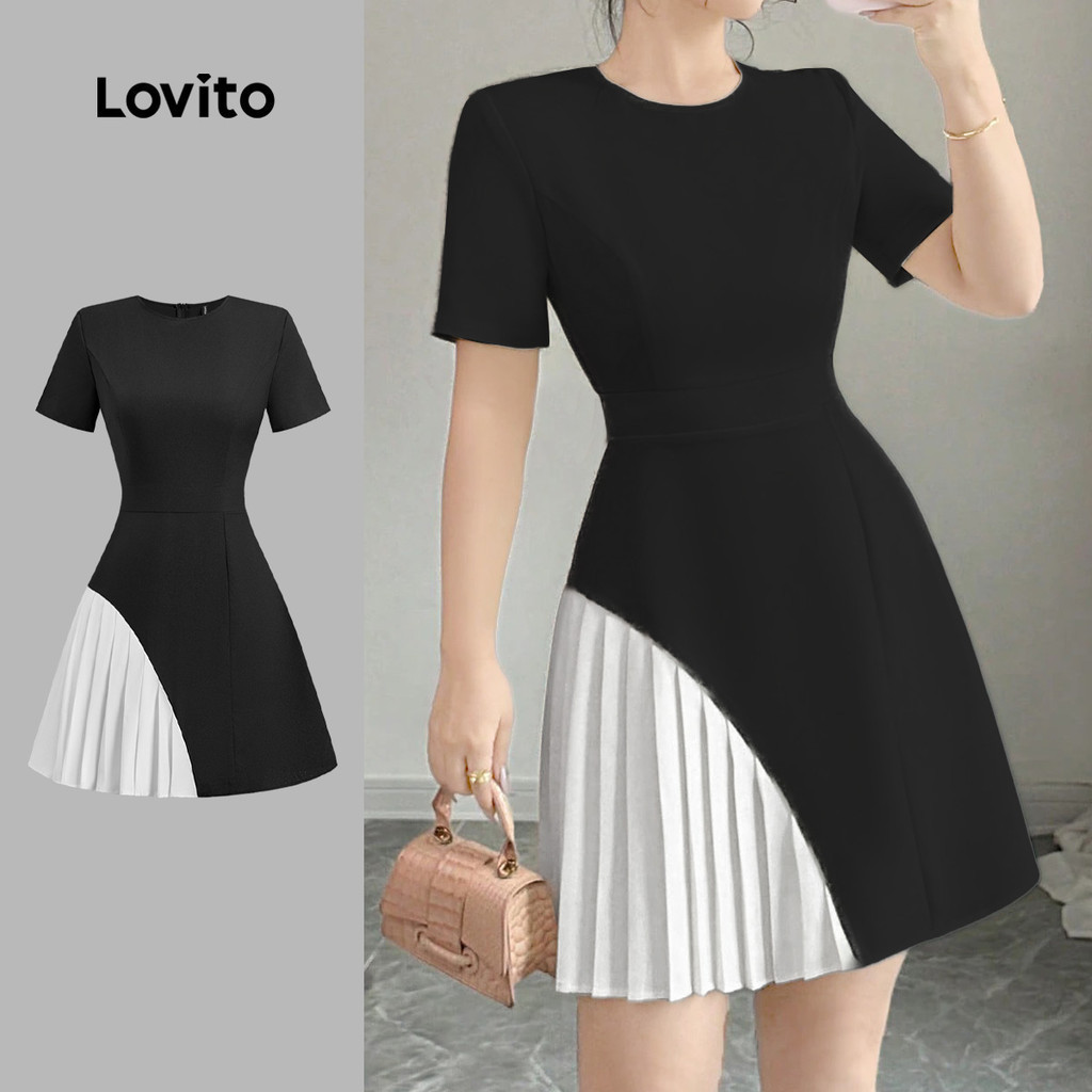 Lovito เดรสสวยหรู สีสันสดใส สำหรับฤดูใบไม้ผลิและฤดูร้อน เดรสสีดำและขาวสำหรับผู้หญิง L149ED431