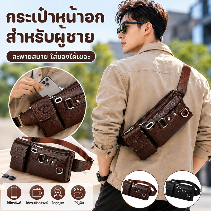 COD กระเป๋าหน้าอกสำหรับผู้ชาย หนัง PU ความจุสูง มัลติฟังก์ชั่กันน้ำและสวมใส่ทน กระเป๋าสะพายหน้าอก