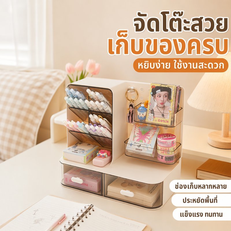 ชั้นวางของตั้งโต๊ะ กล่องเก็บของ ลิ้นชักใส ปรับได้ จัดระเบียบโต๊ะเรียน ห้องนอน หอพัก พลาสติก