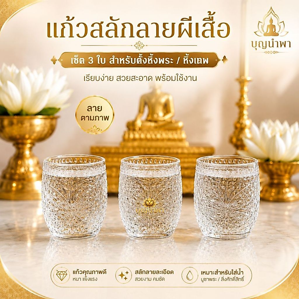 แก้วถวายน้ำ แก้วสลักลายผีเสื้อ เซ็ต 6 ใบ 60 ml. แก้วใสสำหรับหิ้งพระ หิ้งเทพ ศาลพระภูมิ ของไหว้บูชา K131