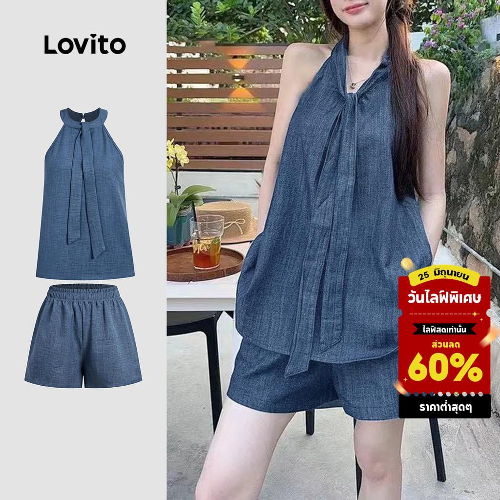 Lovito แคชชวล ชุดกางเกงขาสั้นลายลูกไม้สำหรับเด็กผู้ชาย สีกรมท่า สำหรับฤดูใบไม้ผลิ/ฤดูร้อน L142LD230