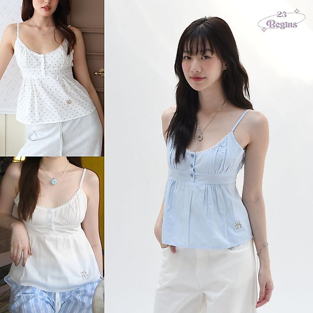 Mary (S-XL) เสื้อสายเดี่ยวสีพื้น สายเดี่ยวโลโก้ 23BG ผูกเชือกด้านหลัง (616)