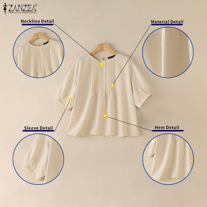 ZANZEA ผู้หญิงวินเทจ Minimalist Casual คอกลม 3/4 แขนโคมไฟ Pleats หลวมสีทึบเสื้อ — صورة 7