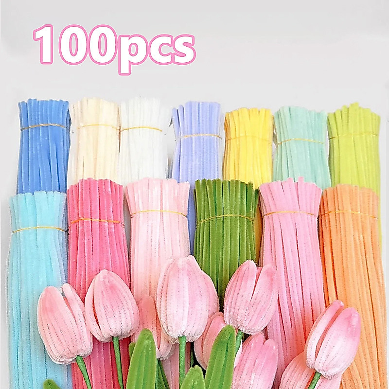 ไล่ระดับสี DIY 100Pcs ขนฟู ด้ายกำมะหยี่บิด ก้าน Chenille งานฝีมือDIYเพื่อการศึกษา สำหรับเด็ก