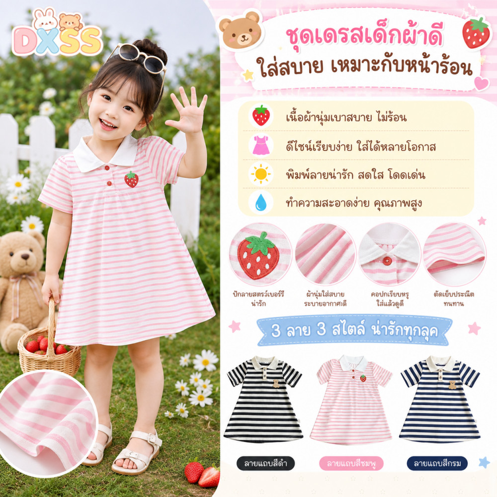 เดรสคอปกโปโลเด็กผู้หญิงลายทางประปักสตรอเบอร์รี่ ผ้านุ่มระบายอากาศดี ฤดูร้อน 1-7ปี