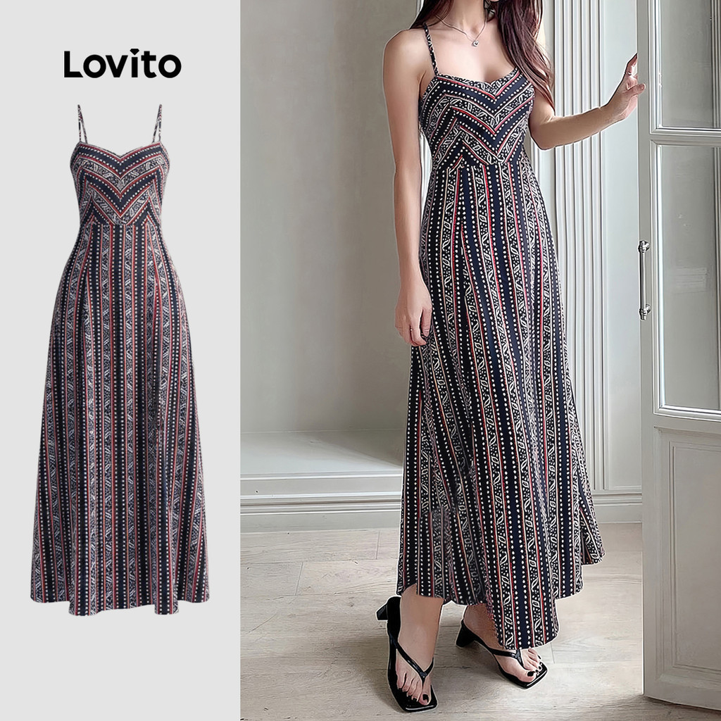 Lovito เดรสโบโฮ ลายลูกไม้ ผูกด้านหลัง ฤดูร้อนสําหรับสตรี LK4LD2326