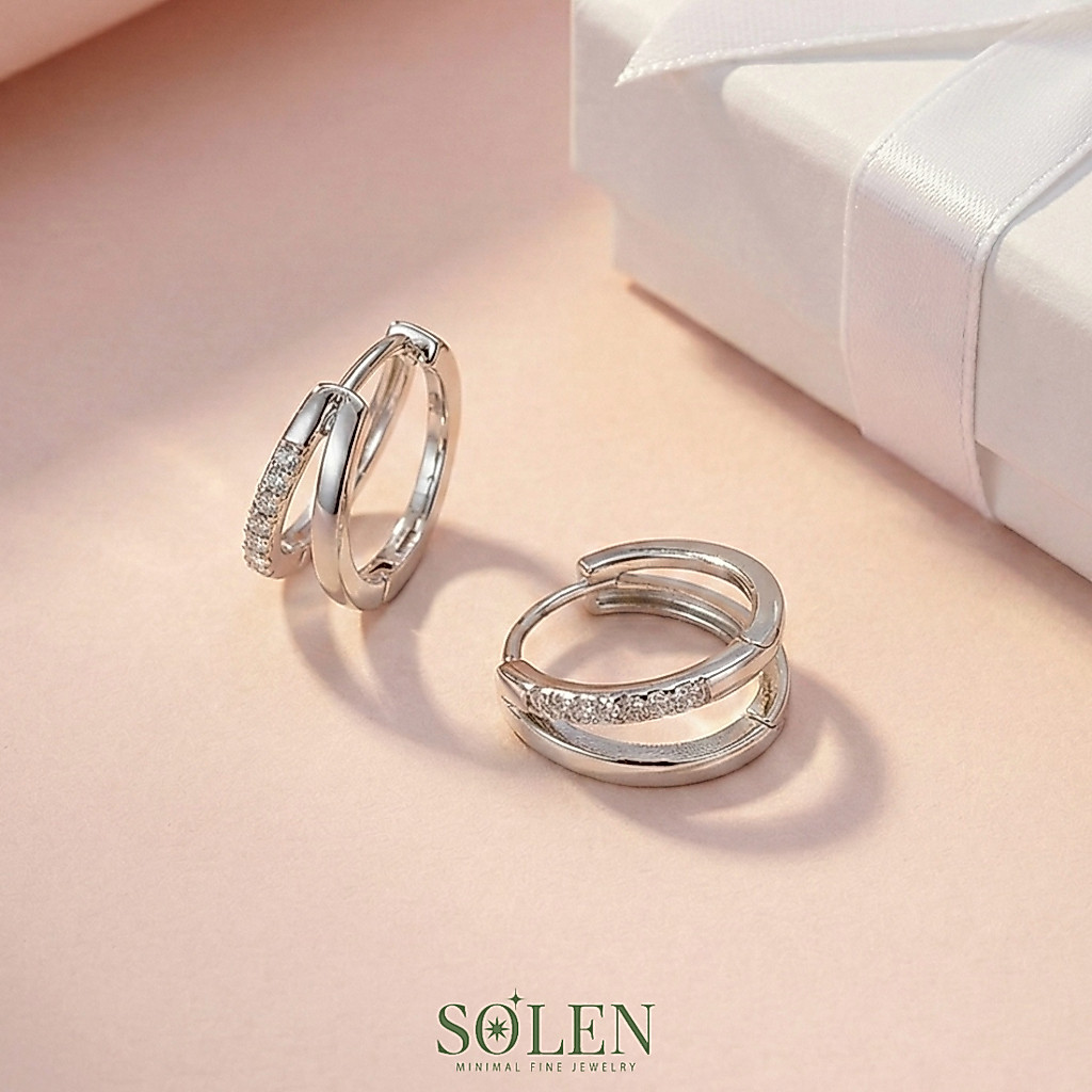 ต่างหู SOLEN Dualis ต่างหู 2 ชั้น ประดับเพชรมินิมอล ก้านเงินแท้ 925 ผิวแพ้ง่ายใส่ได้ ใส่ทำงาน/ออกงาน