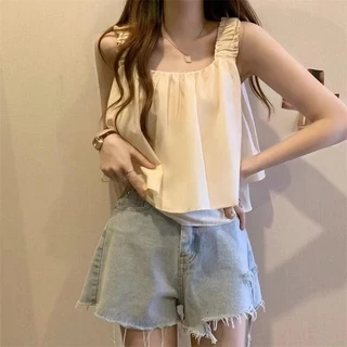 เสื้อกล้ามผู้หญิงน่ารักและสวมใส่สบาย ทรงหลวม สีพื้น สไตล์หวาน สายเดี่ยว ความยาวสั้น สำหรับผู้หญิง