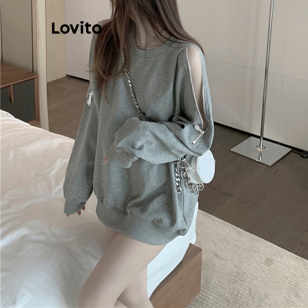 Lovito เสื้อสเวตเตอร์ลําลองเสื้อสเวตเตอร์ซิปไหล่เย็นธรรมดาสําหรับผู้หญิง LNA35067  (สีเทา)