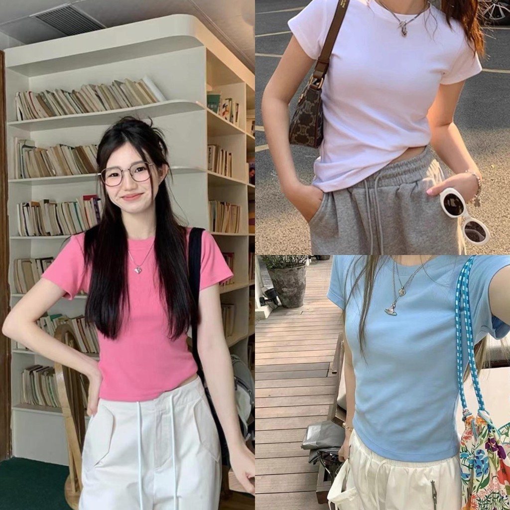 DOMI พร้อมส่ง🔥เสื้อท่อนบน🍒เสื้อแขนสั้น ผ้าฝ้าย ทรงสลิมฟิต สวมใส่สบาย