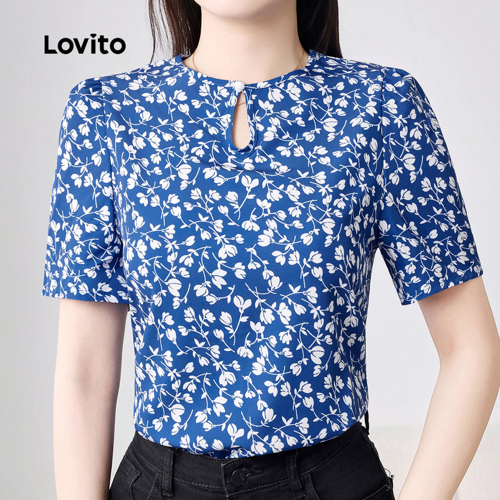 (New) Lovito เสื้อบาฮูโบโฮ สีฟ้าทรงว่าง สำหรับผู้หญิง L150AD999