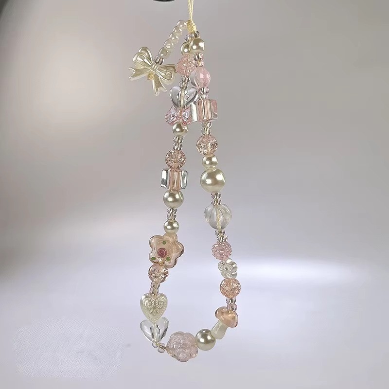 แก้วน่ารักกุทัณฑ์ดอกไม้ลูกปัดสายโทรศัพท์เสน่ห์โซ่ปมโทรศัพท์มือถือเชือกเส้นเล็กพวงกุญแจสาวกระเป๋ากล้องจี้สําหรับ แอร์พอด กรณี