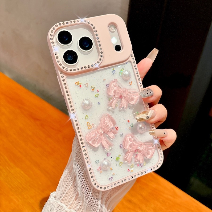 ญี่ปุ่นเกาหลีGlitter Bling 3D Pearl Bowknotเคสโทรศัพท์สําหรับiPhone 17 Air 16 15 14 13 17 Pro Maxเงาเพชรกันชนฝาครอบใส