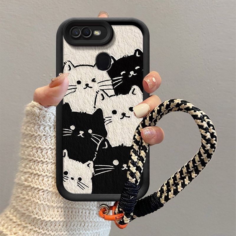 ปลอกสําหรับ OPPO A7 2018 A5S AX5S AX7 AX5 A3S A12 A12S A12E F9 เคสโทรศัพท์พร้อมเชือกเส้นเล็กความงามน่ารักสีดําสีขาวแมวซิลิโคน TPU Soft Shell ออกแบบใหม่กันกระแทกกรณี