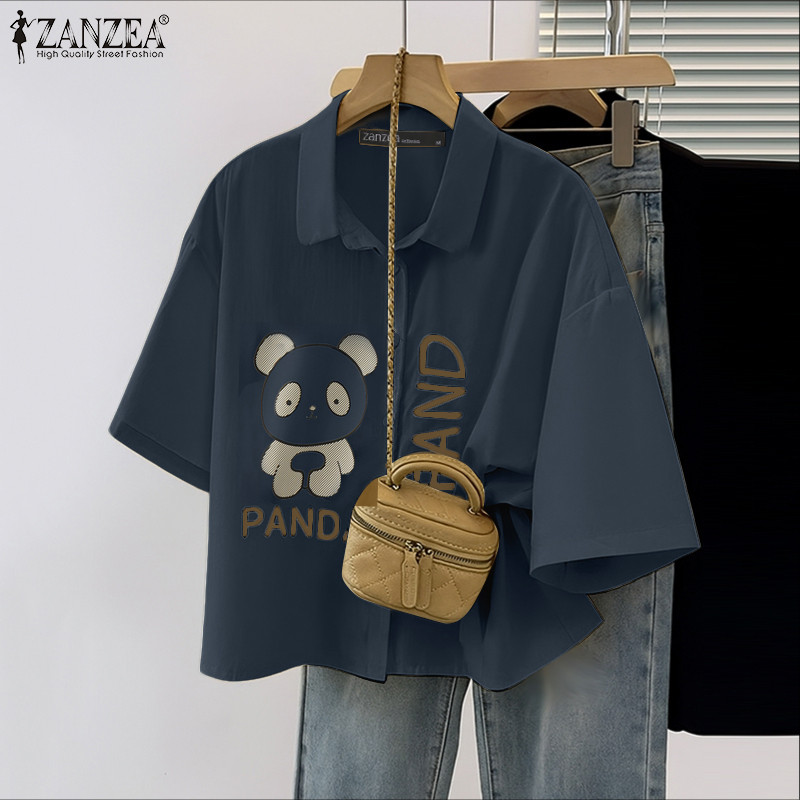 เสื้อ Raglan สไตล์เกาหลีสำหรับผู้หญิง พิมพ์ลายการ์ตูนแพนด้า แบบปุ่มขึ้น — صورة 4