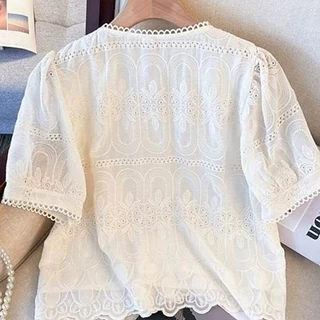 ส่งไวจากไทย⭐Summer⭐S-3XL เสื้อเชิ้ตผ้าลูกไม้แขนสั้นลายปักสไตล์สตรีสำหรับฤดูร้อน