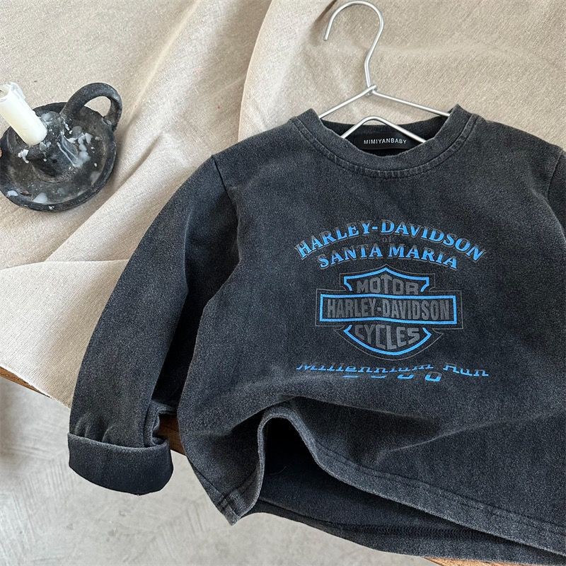 เสื้อยืดแขนยาวสไตล์ใหม่ฤดูใบไม้ผลิฤดูใบไม้ร่วงบางสไตล์ชายหญิงย้อนยุคพิมพ์ จุดต่ําสุด เสื้อเด็กด้อยล้างผ้าฝ้ายแท้อินเทรนด์ ที