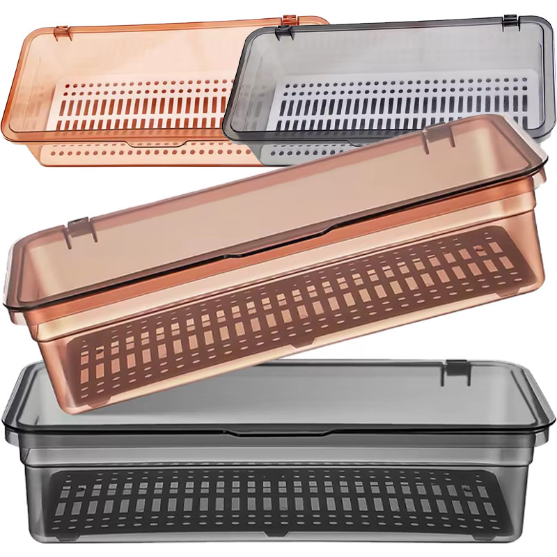 ถาดบนโต๊ะอาหารในครัว 1/2/3 ชิ้นพร้อมท่อระบายน้ํา - กล่องเก็บของกันฝุ่นกันน้ําแบบพลิกด้านบนสไตล์ Ins