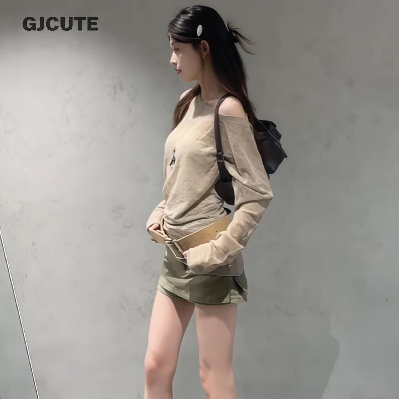 GJCUTE เสื้อยืดแขนยาวแบบหลวมๆ คอเต่าไม่สม่ำเสมอ สำหรับผู้หญิง WTD