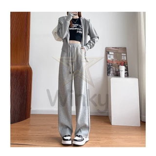 พร้อมส่ง กางเกงขายาว ผ้าTerryไม่เป็นขน กางเกงวอร์มผู้หญิง ทรงหลวม เอวยางยืด ขากว้าง แฟชั่นสตรีท
