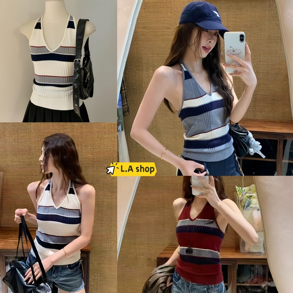 L.A Shop🌟พร้อมส่งเสื้อแขนกุด เสื้อแฟชั่น คล้องคอ ผ้าไหมพรม ลายทางยืดพอดีตัว "25149"