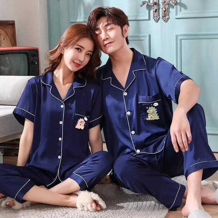Zavyn Couple Satin Pyjamas CP Hi Dino Short Sleeve Shirt Pants - Silver, Women M Men L