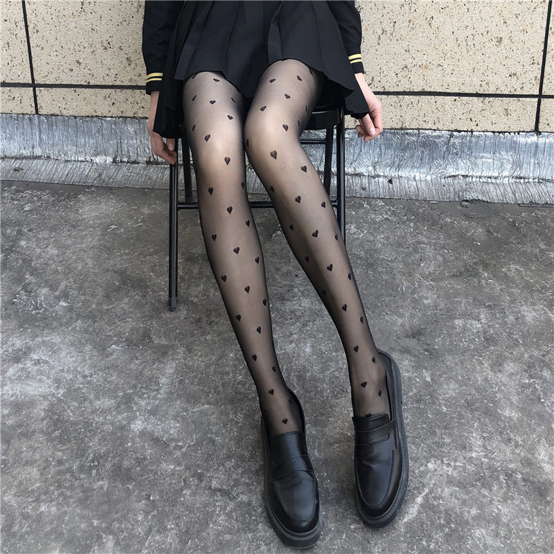 黑色波点丝袜女超薄心花丝袜光腿神器波点连裤袜防勾丝连裤打底袜Black Polka Dot Silk Stockings Women's Ultra-thin Heart Flower Silk St