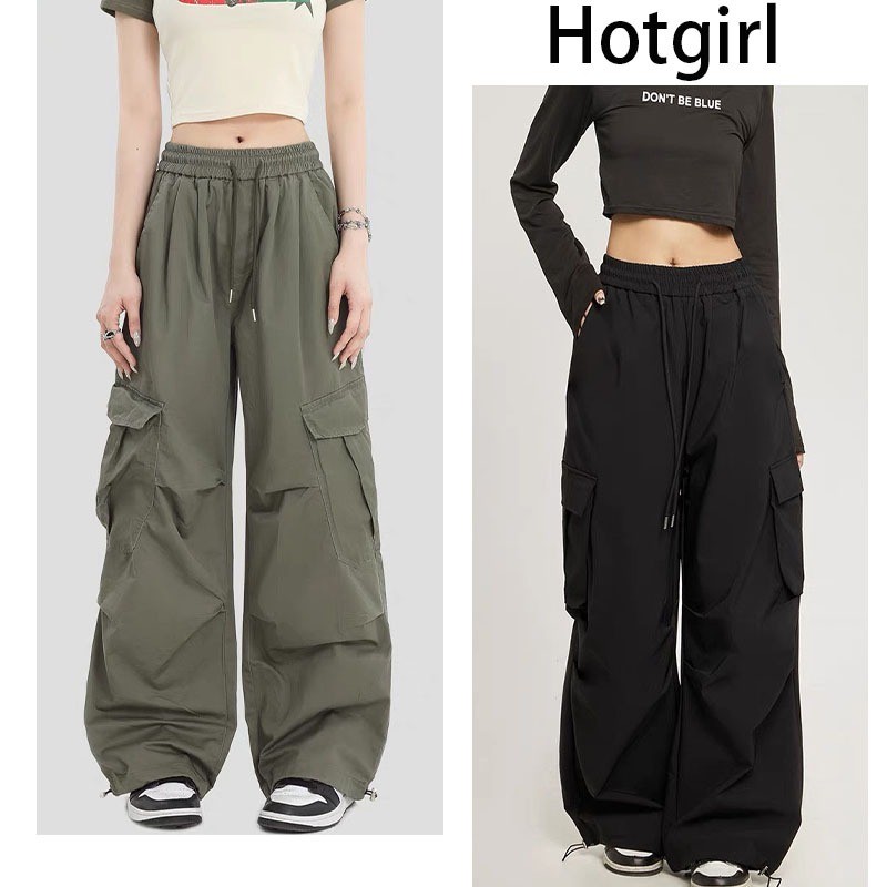 Hotgirl พร้อมส่งจากกทม กางเกงสีดํา cargo pants ชุดเอี๊ยมผู้หญิงสไตล์ย้อนยุคอเมริกันอเนกประสงค์ ดีไซน์กระเป๋าขนาดใหญ่