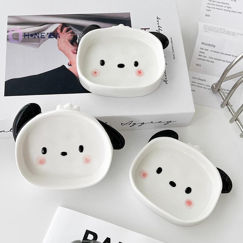 <Honeyby>Pacha Dog Seasoning Dish ผู้ถือตะเกียบเครื่องปรุงรสจุ่มซอสจานเซรามิครูปร่างน่ารักจุ่มซอสจาน