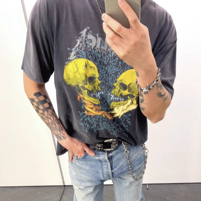 4YSN Metallica Rock Band Heavy Metal Distressed Washed High Street Casual Loose Couple Short Sleeve 