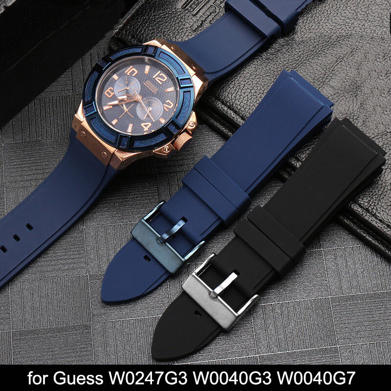 สายซิลิโคนสีฟ้าสําหรับ Guess W0247G3 W0040G3 W0040G7 หัวเข็มขัดสแตนเลสกันน้ําผู้ชายยางเปลี่ยนสร้อยข้