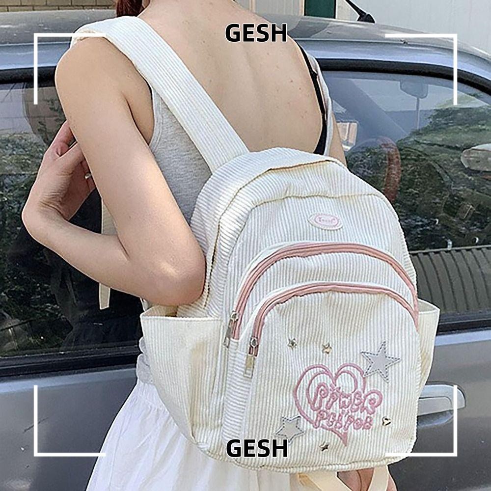 Gesh1 กระเป๋านักเรียน,กระเป๋าเป้สะพายหลังสายรัดปรับได้ความจุขนาดใหญ่,แฟชั่นBreathable Back Pad Corduroy Hard-wearสองกระเป๋าสะพายนักเรียน