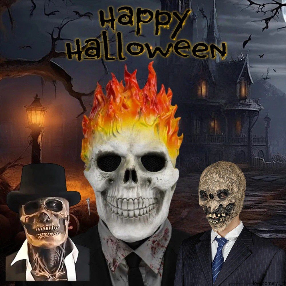 หน้ากากฮาโลวีน Ghost Rider Skull Facial Mask หน้ากากผีสยองขวัญแบบเต็มหน้ายางสีแดงและน้ำเงิน หน้ากากหัวกะโหลกเปลวไฟ อุปกรณ์ประกอบฉากคอสเพลย์
