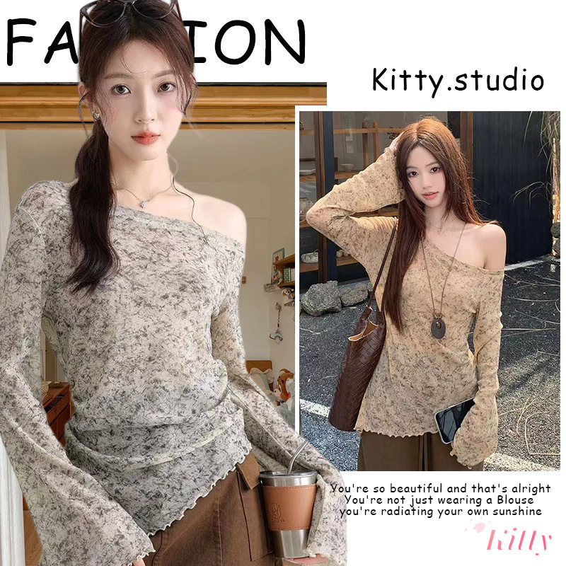 Kitty พร้อมส่ง🌸เสื้อยืดผู้หญิง🌸เสื้อปาดไหล่แขนยาว สไตล์ลำลอง สีมัดยอม ผ้านิ่มมาก เสื้อครอปรัดรูป แต่งตัวไปเที่ยว