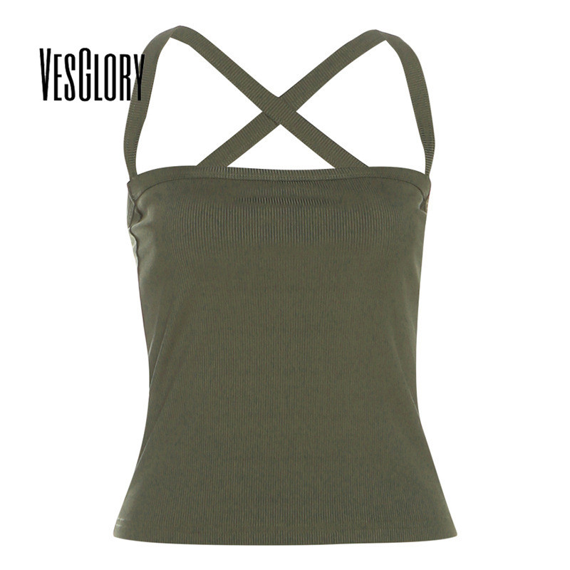 VesGlory ผู้หญิง 2025 แฟชั่น Tanks สายคล้องคอแขนกุดสีทึบ Casual Street สวมใส่สไตล์