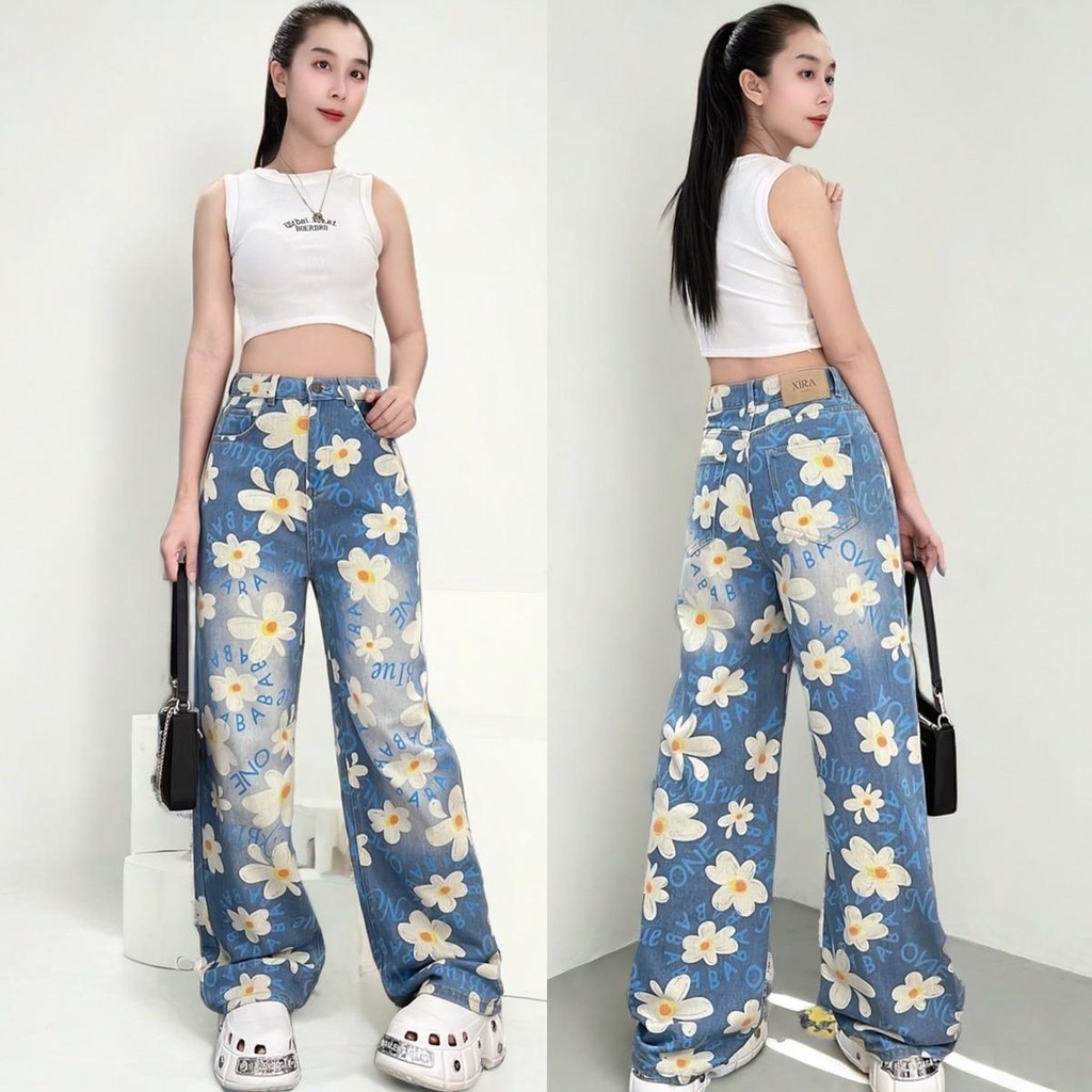 XIRA กางเกงยีนส์กระบอกใหญ่ กระบอกลิซ่า ลายดอกไม้ ดอกลีลาวดี Flowers Jeans #XR-2404