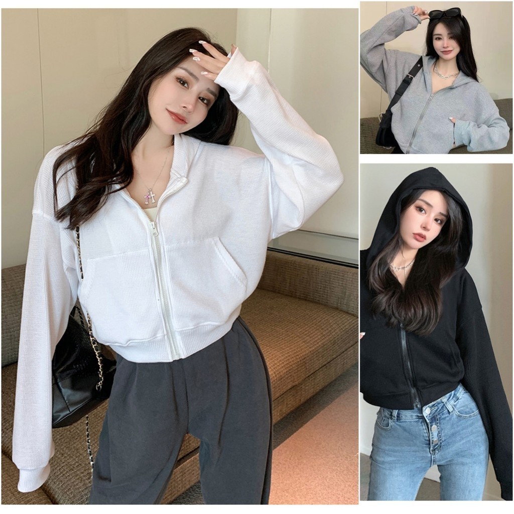 Bella Shop เสื้อแจ็คเก็ตมีฮู้ดลำลองสีพื้นสำหรับผู้หญิง แฟชั่นทรงหลวมสไตล์เกาหลี เบสิก