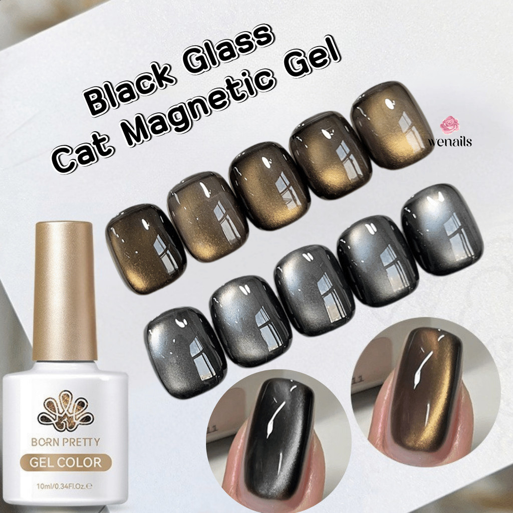 สีเจลลูกแก้วดำ เหลือบเงิน เหลือบทอง Black Glass Cat Magnetic Gel ยาทาเล็บ BORN PRETTY 10ml -wenails