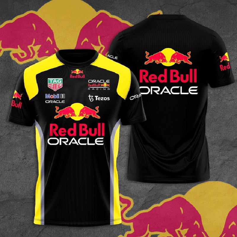 เสื้อยืดแขนสั้นพิมพ์ลายทีม Formula One Red Bull Racing และแบรนด์ Oracle Tezos Mobil 1 แบบ 3D แฟชั่นฤ