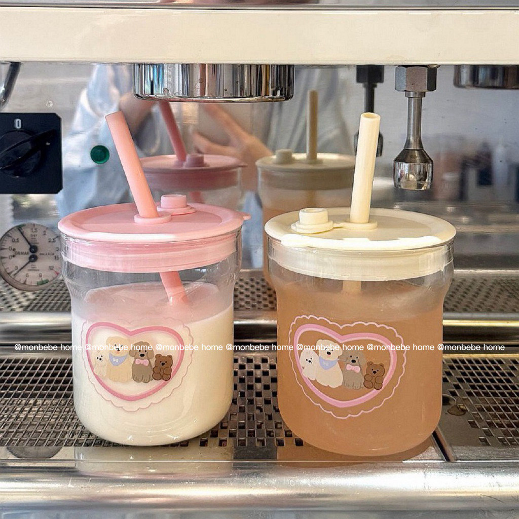 แก้ว แก้วน้ำ แก้วกาแฟ ลายสุนัข🐶 มีฝา สำหรับร้านกาแฟ แก้วโบรอนซิลิเกตสูง พร้อมส่ง
