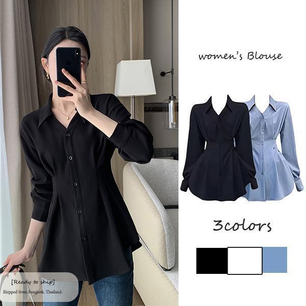MIMI-เสื้อเชิ้ตแขนยาวลำลอง เสื้อเชิ้ตทำงานสำหรับสุภาพสตรี เรียบหรู และเป็นมืออาชีพ คอวี ดีไซน์กระชับสัดส่วนเน้นเอว#99321